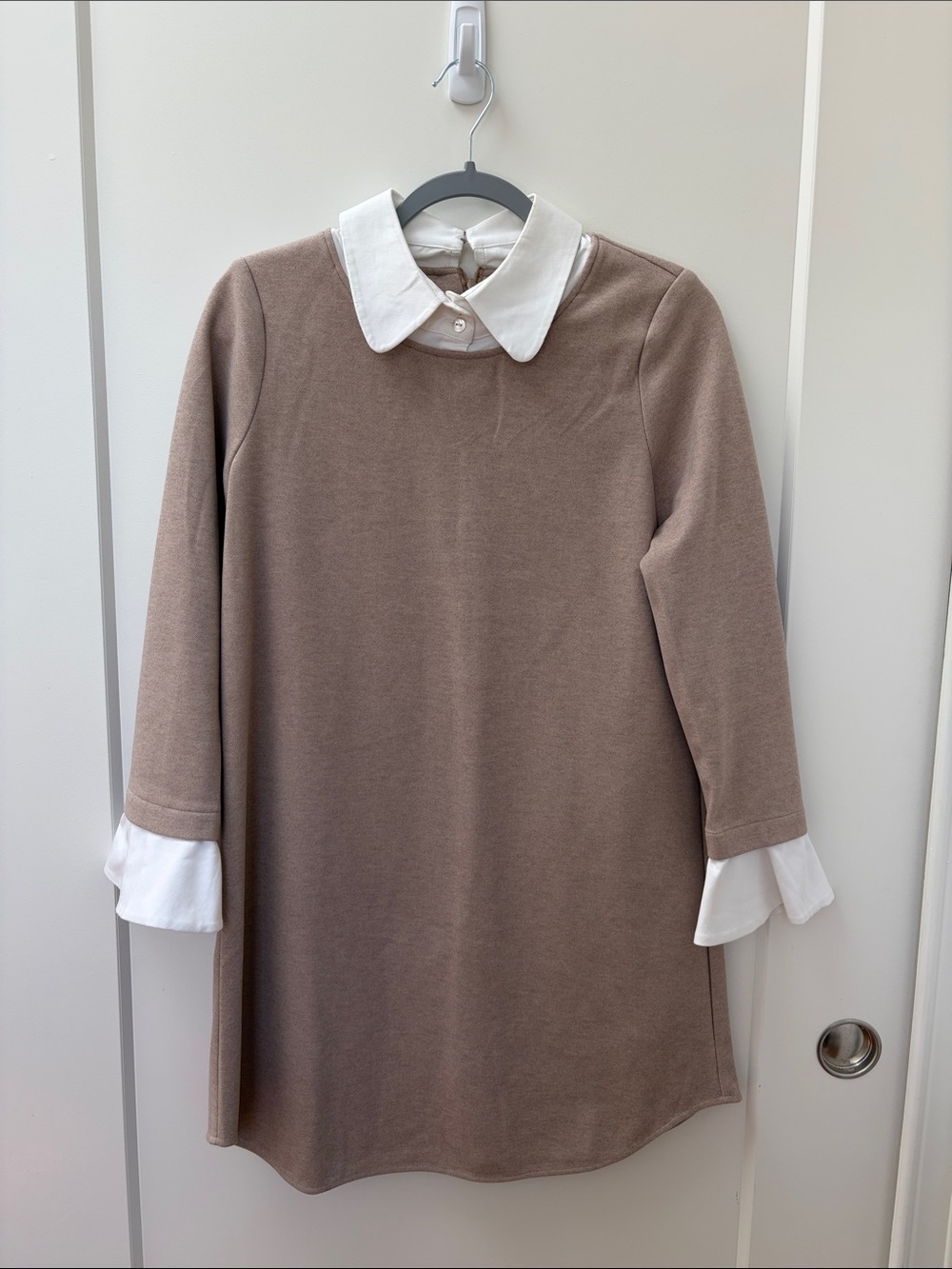 Tuckernuck Soft Taupe Dress with White Collar and Cuffs